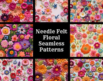 Pode incluir: Uma colagem de nove imagens que mostram 50 padrões florais sem costura feitos com feltro de agulha. Os padrões apresentam uma variedade de flores coloridas, incluindo rosa, roxo, laranja, amarelo e azul.