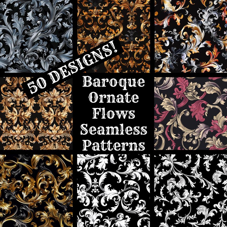 Barque Pattern Baroque Ornate Seamless Patterns: 50 PNG Digital Papers (digital ...