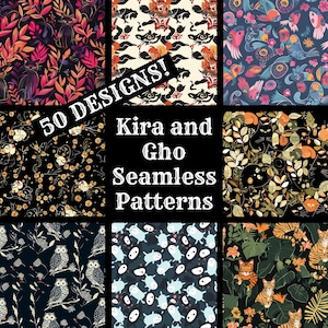 Op de afbeelding: Een collage van negen kleurrijke, naadloze patronen met verschillende dier- en natuurontwerpen. De tekst "50 DESIGNS! Kira and Gho Seamless Patterns" wordt in het midden weergegeven.