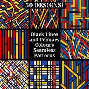 Líneas negras y colores primarios papel digital sin costuras, texturas sin costuras de papel de álbum de recortes imprimible, colores primarios de descarga instantánea digital
