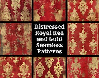 May include: A set of 50 distressed seamless patterns featuring a royal red and gold color scheme. The patterns include a variety of damask designs.