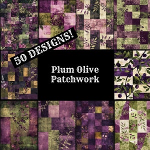 May include: A collage of 50 different patchwork designs featuring plum and olive colours. The designs include floral patterns, geometric shapes, and a repeating pattern of plums on a branch.