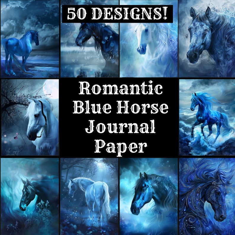 a collage of photos of horses in blue and white