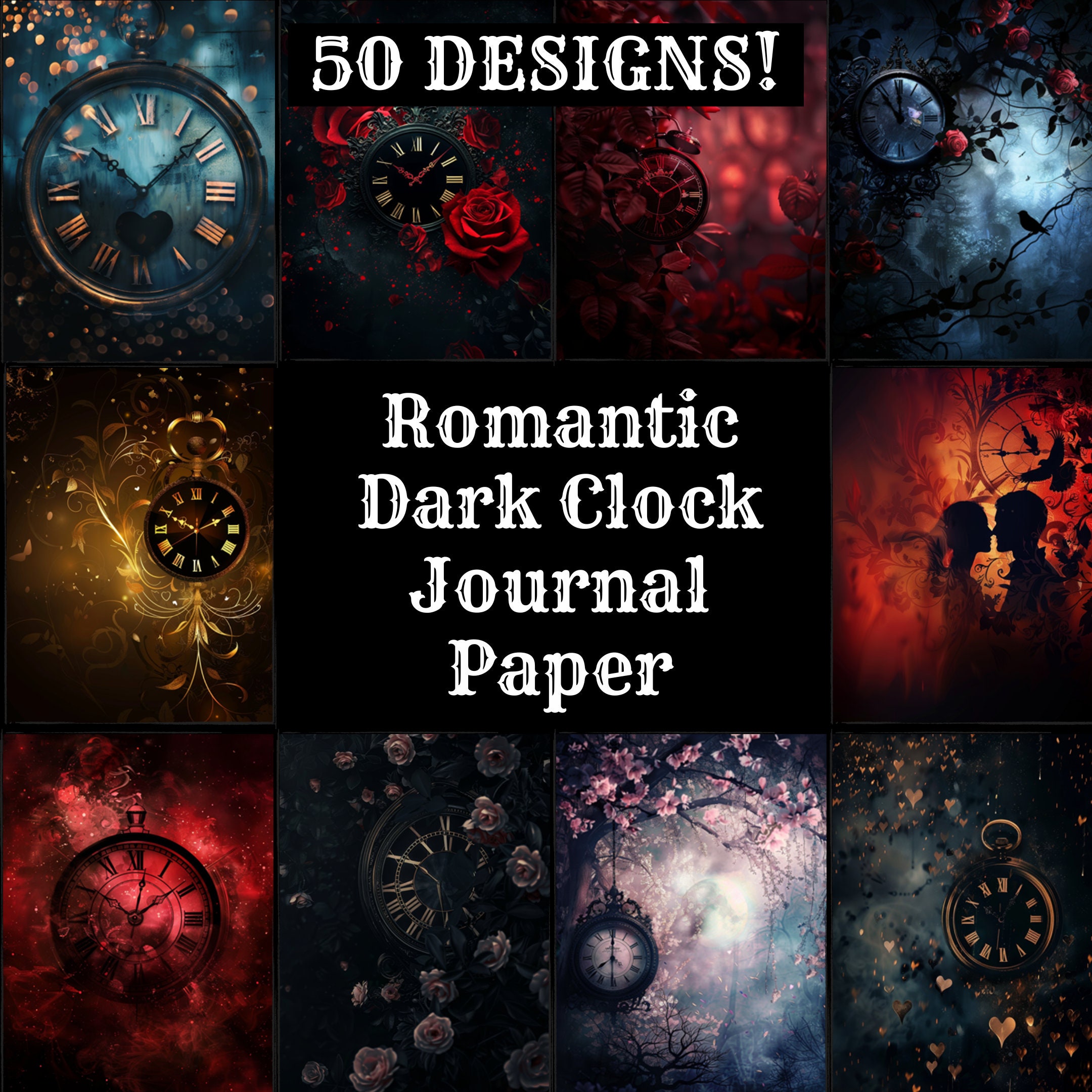 Romantic Dark Clock Journal Paper: Vintage Scrapbook (Digital Download)