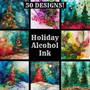 Op de afbeelding: Een collage van negen afbeeldingen met alcohol inktkunst met een kerstthema. De afbeeldingen tonen verschillende abstracte ontwerpen met kerstbomen, sneeuwvlokken en gouden accenten. De tekst "50 DESIGNS!" en "Holiday Alcohol Ink" wordt weergegeven op de collage.
