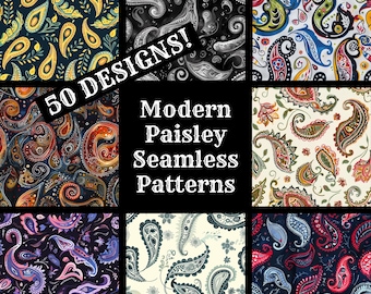 Patrón Paisley Moderno Sin Costuras: 50 Papeles Digitales PNG (Descarga Digital)