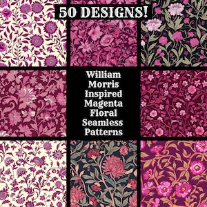 May include: 50 William Morris inspired magenta floral seamless patterns. The patterns feature intricate designs with pink flowers and leaves on various backgrounds.