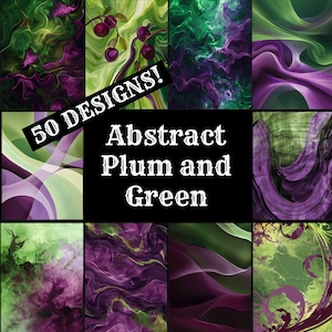 Può includere: Un collage di 50 disegni astratti in tonalità di prugna e verde. I disegni presentano motivi a spirale, trame marmoree e forme organiche.