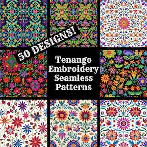 Puede incluir: Un collage de 50 patrones sin costuras de bordado Tenango coloridos. Los patrones presentan motivos florales en varios colores, incluidos rojo, rosa, amarillo, azul y verde. El texto "50 DESIGNS!" y "Tenango Embroidery Seamless Patterns" se muestra en el collage.