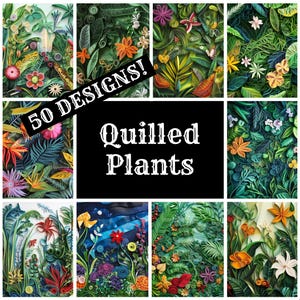 Op de afbeelding: Een collage van 9 afbeeldingen die 50 verschillende gequilled plantendesigns laten zien. De afbeeldingen tonen ingewikkelde papieren ontwerpen van verschillende bloemen, bladeren en planten in levendige kleuren zoals groen, rood, geel en blauw. De tekst "50 DESIGNS! Quilled Plants" wordt in het midden van de collage weergegeven.
