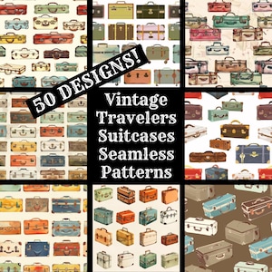 May include: 50 vintage travel suitcase seamless patterns. The patterns feature various styles of suitcases in different colors and designs. The text "Vintage Travelers Suitcases Seamless Patterns" is in the center of the image.