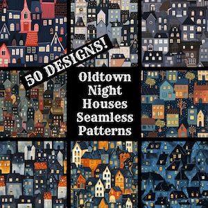 Oldtown Night Houses Seamless Digital Paper, Printable Scrapbook Paper Seamless Textures, Digital Instant Download