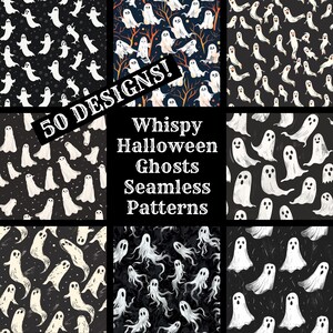 May include: A set of 50 seamless patterns featuring whimsical white ghosts on a black background. The text "Whispy Halloween Ghosts Seamless Patterns" is displayed in the centre of the image.