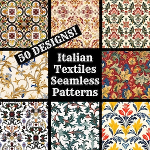 Könnte beinhalten: Eine Collage aus 50 nahtlosen italienischen Textilmustern. Die Muster zeigen komplizierte florale Designs in verschiedenen Farben, darunter Rot, Blau, Gelb und Grün. Der Text "50 DESIGNS! Italian Textiles Seamless Patterns" wird in einem schwarzen Banner angezeigt.