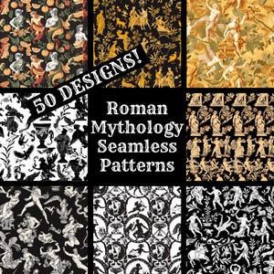 Könnte beinhalten: Eine Collage aus 50 nahtlosen Mustern mit Motiven aus der römischen Mythologie. Die Muster sind schwarzweiß und zeigen verschiedene Götter, Göttinnen und Fabelwesen. Der Text "50 DESIGNS!" und "Roman Mythology Seamless Patterns" ist in der Mitte des Bildes zu sehen.