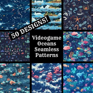 May include: A set of 50 seamless patterns featuring various ocean-themed designs. The patterns include coral reefs, sea creatures, and waves. The text "Videogame Oceans Seamless Patterns" is displayed in the center of the image.