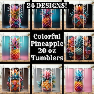 May include: Nine different designs of 20 ounce stainless steel tumblers featuring colorful pineapple designs.  The tumblers are available in a variety of colors, including black, gray, pink, and blue.  The text "24 DESIGNS!" and "Colorful Pineapple 20 oz Tumblers" is displayed on the image.