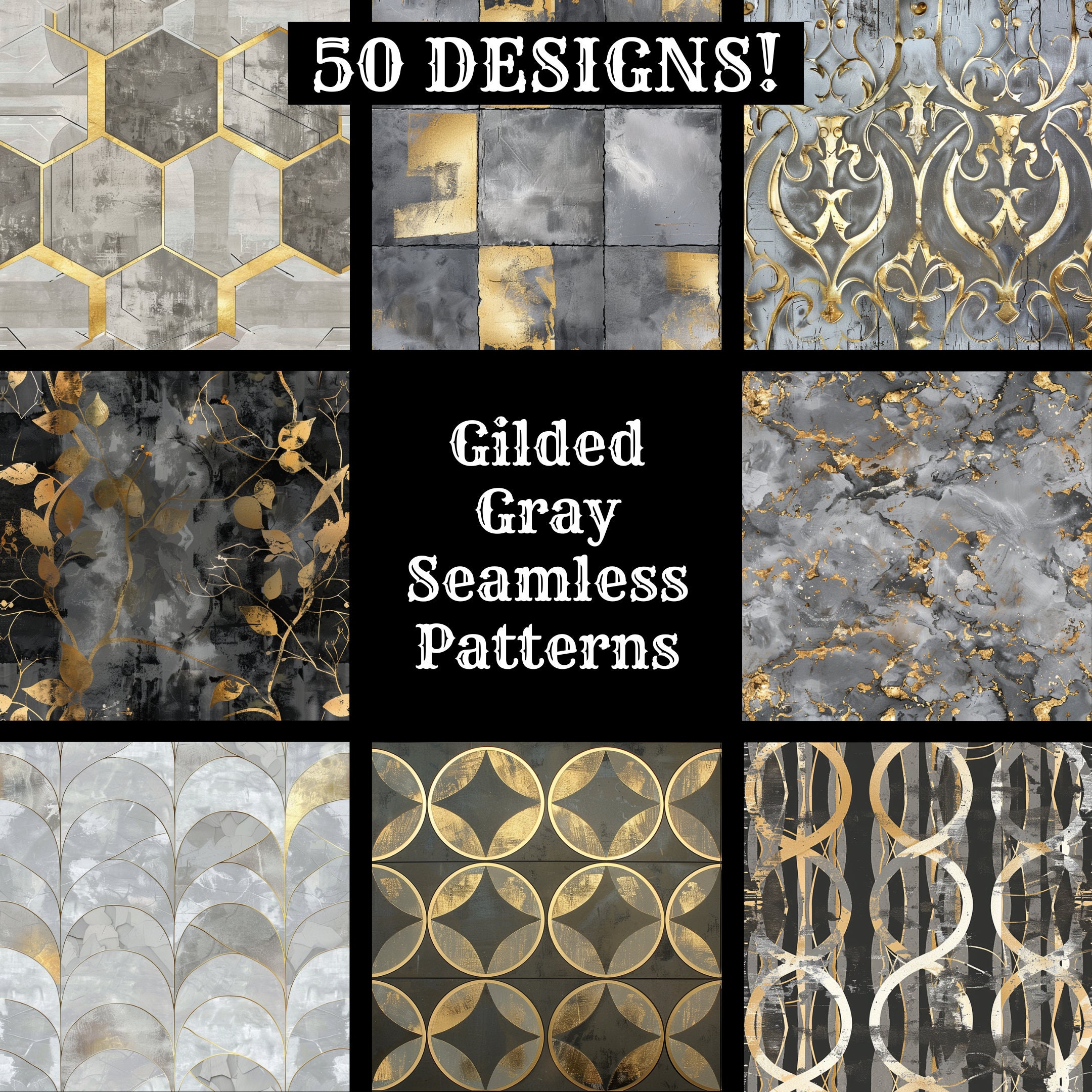 Guilded Pattern Gilded Gray Seamless Patterns: 50 PNG Digital Papers (1024x1024 Px) - Etsy