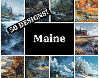 Peut inclure: Un collage de 50 peintures différentes représentant des paysages pittoresques du Maine. Les peintures présentent diverses scènes, notamment des phares, des forêts, des rivières et des maisons. Le texte "50 DESIGNS!" et "Maine" est affiché sur le collage.