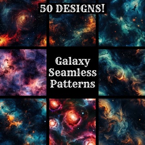 May include: 50 Galaxy Seamless Patterns. A digital download of 50 seamless patterns featuring colorful nebulae and stars.