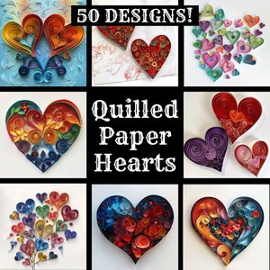 Cuori di carta quilled, carta stampabile con cuori di carta quilled, cuori quilling, forniture per diario con cuori di carta quilled, inserti per diario