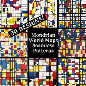 Papier numérique sans couture de cartes du monde Mondrian, textures sans couture de papier de scrapbooking imprimable, téléchargement numérique instantané