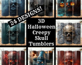 Könnte beinhalten: 24 Designs! 3D Halloween Gruselige Totenkopf Becher. Eine Collage aus neun verschiedenen Designs mit 3D Totenkopf Designs mit verschiedenen Hintergründen, darunter Rauch, Feuer und Stein.