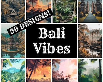 Puede incluir: Un collage de nueve imágenes que muestran la belleza de Bali. Las imágenes presentan exuberantes paisajes verdes, templos tradicionales y aguas serenas. El texto "50 DESIGNS! Bali Vibes" se superpone a las imágenes.
