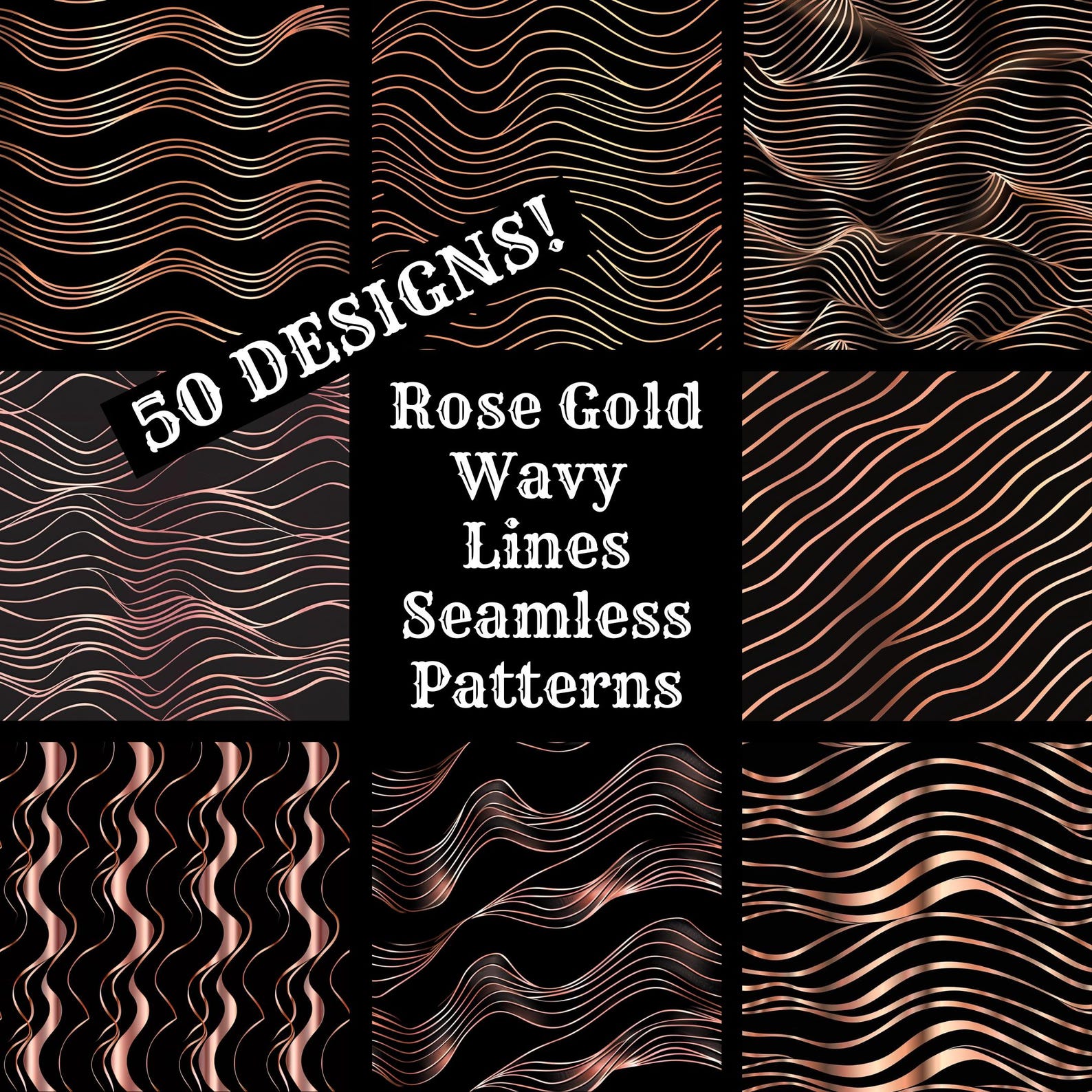 Wiggly Line Roses Rose Gold Wavy Lines Seamless Patterns: 50 PNG Digital Papers (digital ...