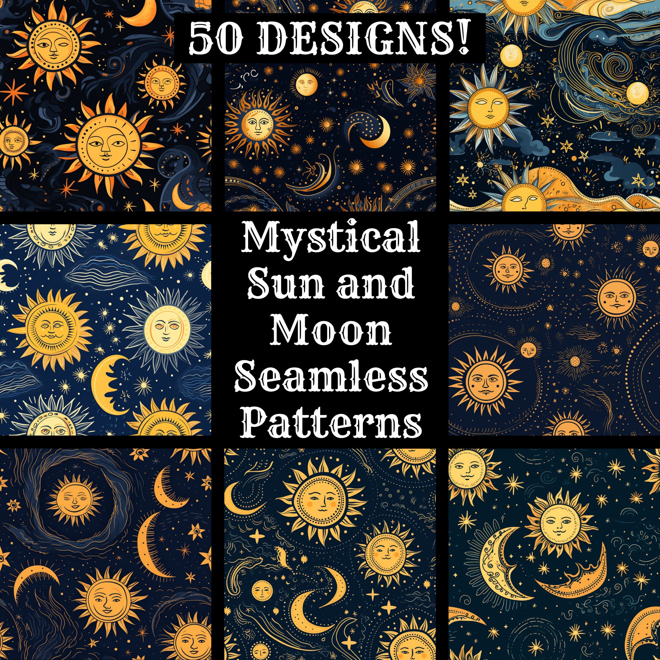 Mystical Sun and Moon Seamless Digital Paper, Printable Scrapbook Paper ...