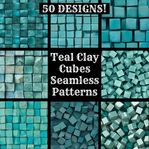 May include: 50 teal blue clay cube seamless patterns. The patterns are arranged in a grid of nine squares. Each square shows a different pattern of teal blue clay cubes.
