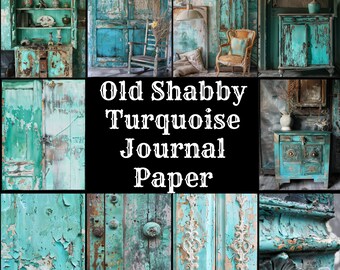 May include: Collage of 50 designs of old, shabby turquoise journal paper. The paper has a distressed, aged look with peeling paint and wood grain showing through.