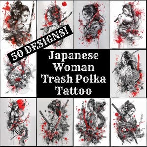 Op de afbeelding: Een collage van 50 Japanse vrouw trash polka tattoo-ontwerpen. De ontwerpen bevatten zwart-wit illustraties van vrouwen met rode accenten. De tekst "50 DESIGNS! Japanese Woman Trash Polka Tattoo" wordt in het midden van de collage weergegeven.
