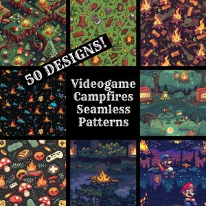 May include: A collage of 50 different pixel art designs featuring campfires and video game characters. The text "Videogame Campfires Seamless Patterns" is in the center of the image.