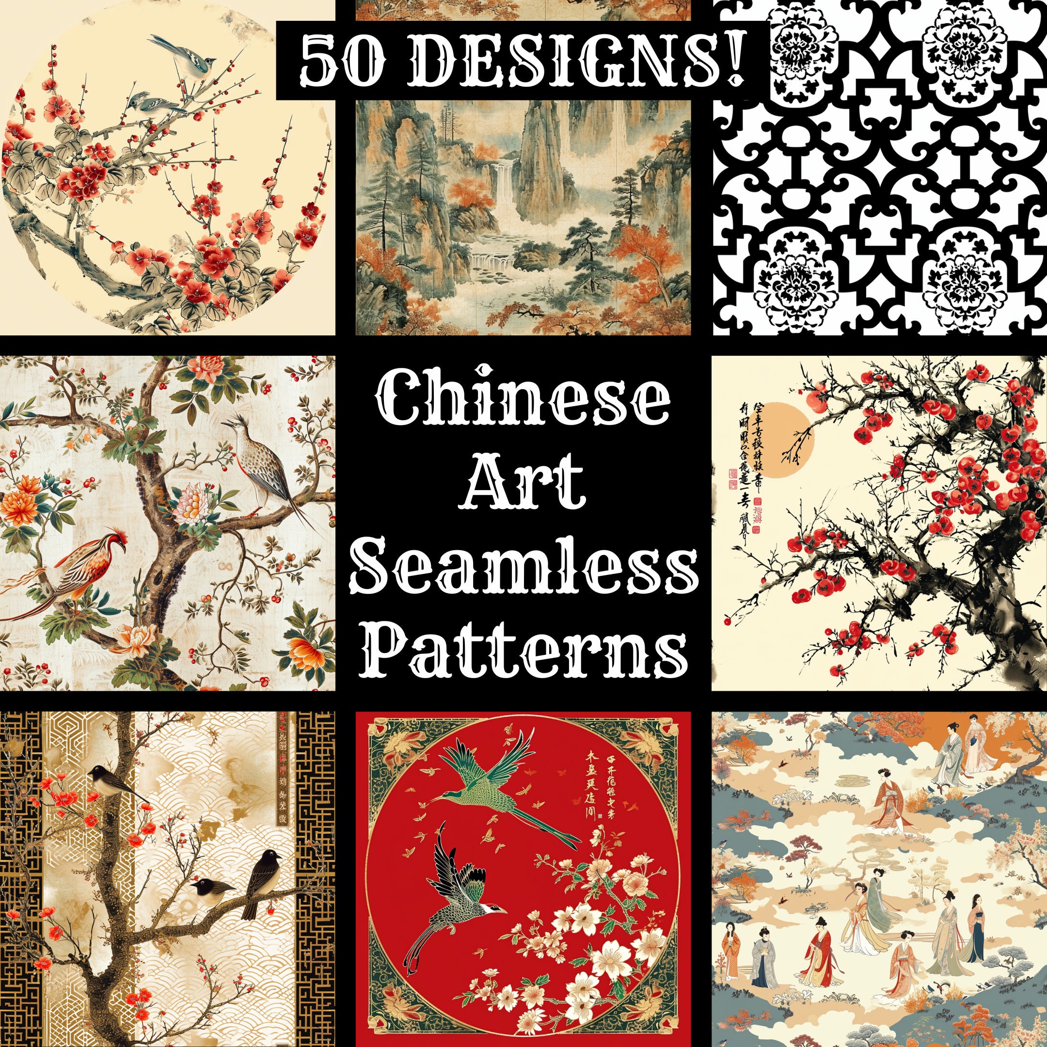 Chinese Art Seamless Patterns: Digital Paper, Fabric Sublimation (PNG ...