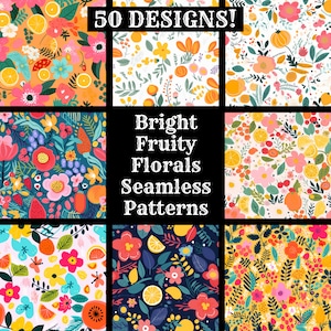 Puede incluir: Un conjunto de 9 patrones sin costuras coloridos con flores brillantes y frutales. Los patrones son perfectos para usar en proyectos digitales e impresos. El texto "Bright Fruity Florals Seamless Patterns" se muestra en el centro de la imagen.