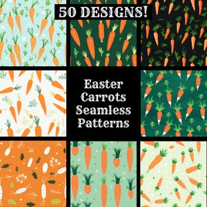 May include: 50 Easter carrot seamless patterns. The patterns feature carrots in various colours and designs on different backgrounds, including green, blue, and white.