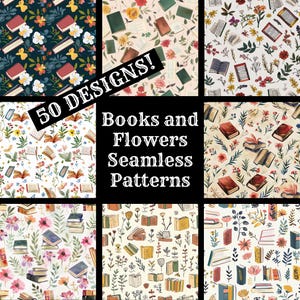 Puede incluir: Un collage de nueve patrones sin costuras diferentes que presentan ilustraciones de acuarela de libros y flores. Los patrones son de varios colores, incluidos el verde, el azul, el amarillo y el rosa. El texto "50 DESIGNS!" y "Books and Flowers Seamless Patterns" se muestra en el centro de la imagen.