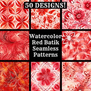 a collection of red and pink patterns with the words watercolor red batik seam