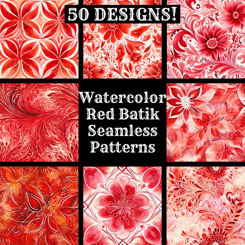 a collection of red and pink patterns with the words watercolor red batik seam