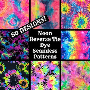 Könnte beinhalten: 50 neonfarbene, umgedrehte, nahtlose Muster im Tie-Dye-Stil. Die Muster sind in verschiedenen Farben gehalten, darunter Pink, Blau, Grün, Gelb und Schwarz. Die Muster sind alle abstrakt und haben einen Tie-Dye-Effekt.