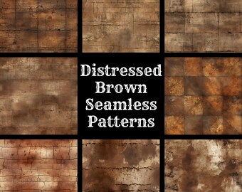 Può includere: Un collage di nove motivi marroni usurati senza cuciture. I motivi presentano diverse texture, tra cui venature del legno, vernice screpolata e piastrelle. Il testo "50 DESIGNS!" e "Distressed Brown Seamless Patterns" è visualizzato sull'immagine.