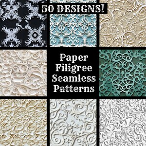 Puede incluir: Un collage de nueve imágenes que muestran 50 patrones sin costuras de filigrana de papel. Los patrones son intrincados y detallados, con espirales, rizos y motivos florales. El texto "Patrones sin costuras de filigrana de papel" se muestra en el centro del collage.