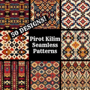 May include: A collection of 50 seamless patterns featuring traditional Pirot Kilim designs. The patterns are in a variety of colors, including red, blue, yellow, and black.  "Pirot Kilim Seamless Patterns" is written in white text on a black background.