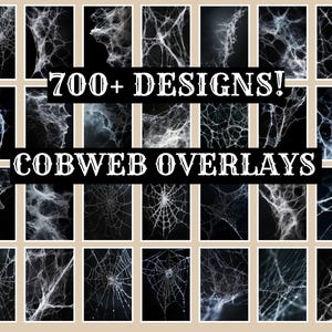 May include: A collection of 700+ cobweb overlays for digital design. The overlays are white and translucent, and they are arranged in a grid on a black background. The text "700+ DESIGNS!" and "COBWEB OVERLAYS" is displayed in white.