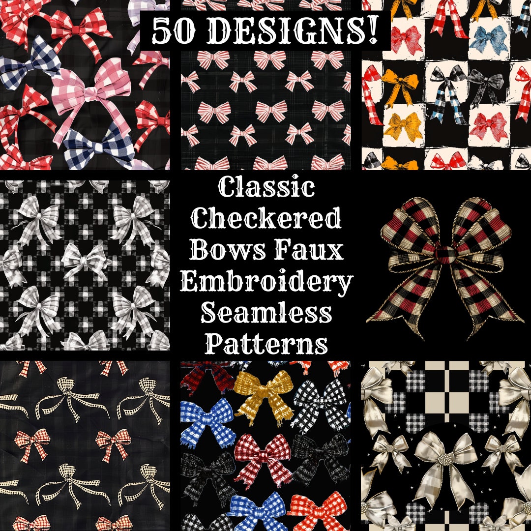 Checkared Pattern Bow Checkered Bows Seamless Pattern: Faux Embroidery Digital Paper (digital ...