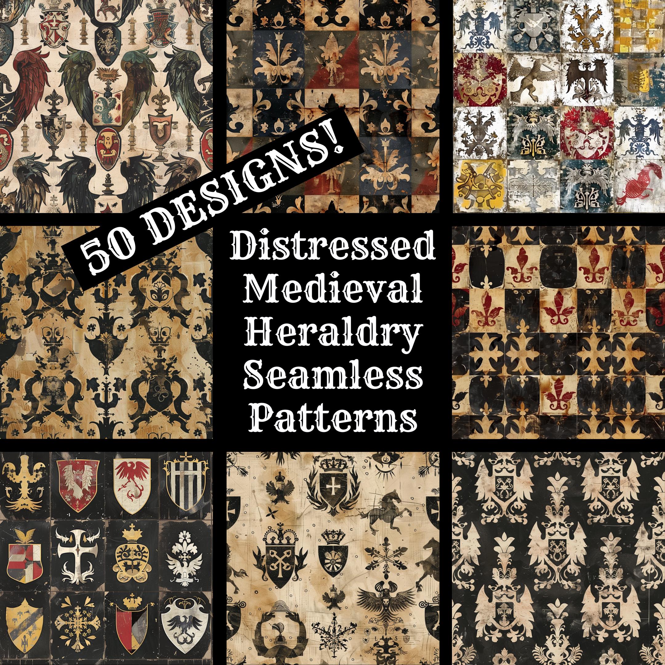 Heraldic Patterns Distressed Medieval Heraldry Seamless Pattern: 50 PNG Digital Papers ...