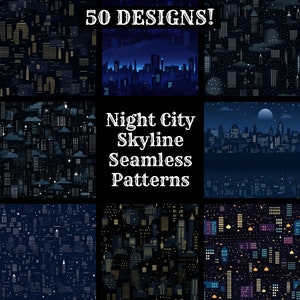 Può includere: Un set di 9 motivi senza cuciture che presentano uno skyline notturno di una città con stelle, nuvole e luna. I motivi sono di vari colori, tra cui blu, nero, bianco e giallo. Il testo "Night City Skyline Seamless Patterns" è al centro dell'immagine.