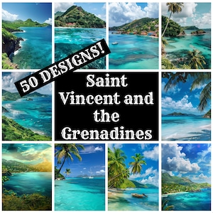 May include: A collage of 9 images showcasing the beauty of Saint Vincent and the Grenadines. The images feature stunning turquoise waters, lush green islands, and white sandy beaches. The text "50 DESIGNS!" is superimposed over the images.