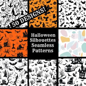 May include: A set of 50 Halloween themed seamless patterns featuring silhouettes of bats, ghosts, spiders, haunted houses, and trees. The patterns are in black and white and orange and white color schemes. The text "50 DESIGNS!" and "Halloween Silhouettes Seamless Patterns" is included in the image.
